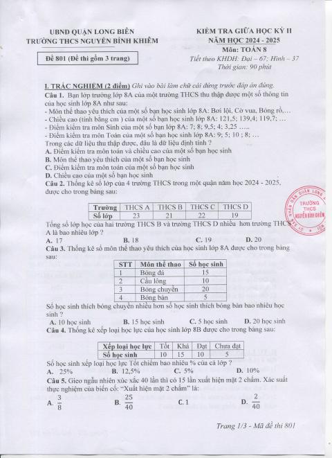 Đề thi Giữa kì 2 Toán 8 năm 2024-2025 trường THCS Nguyễn Bỉnh Khiêm (Hà Nội)